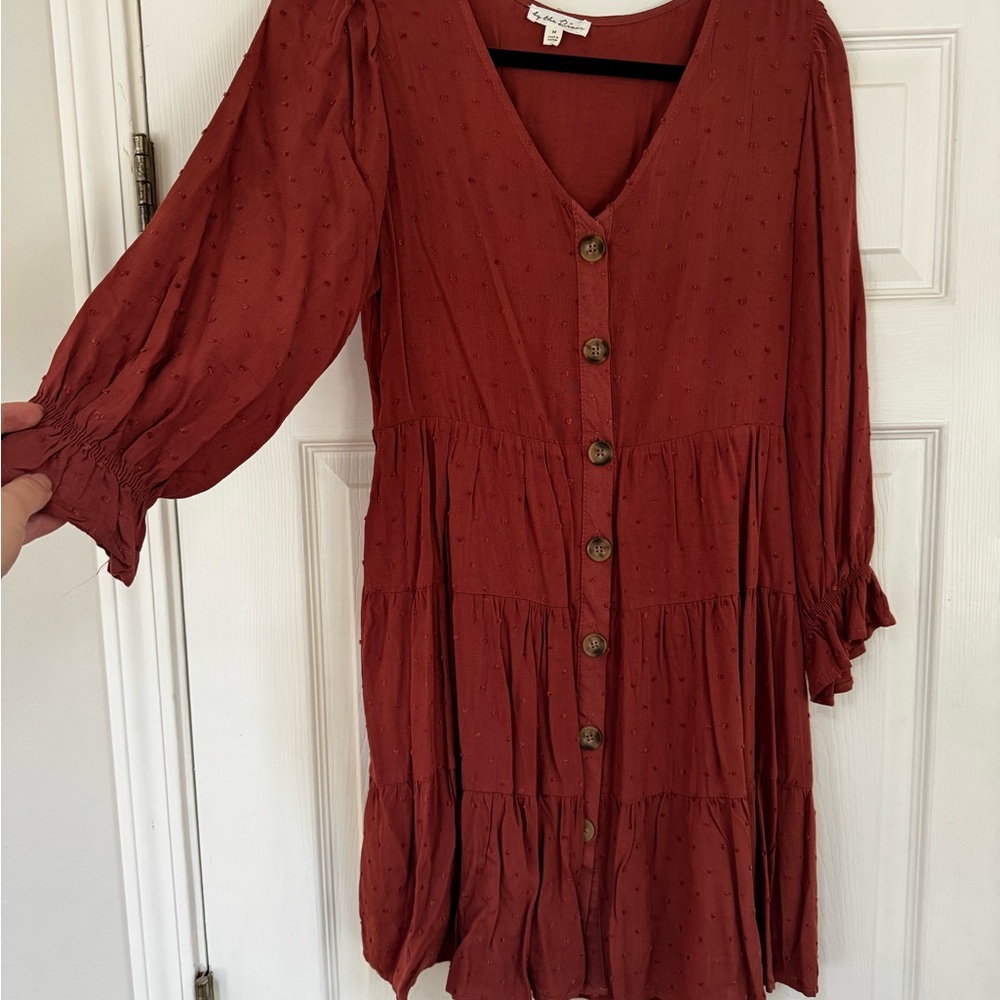 Rust Red Long Sleeve V-Neck Sundress